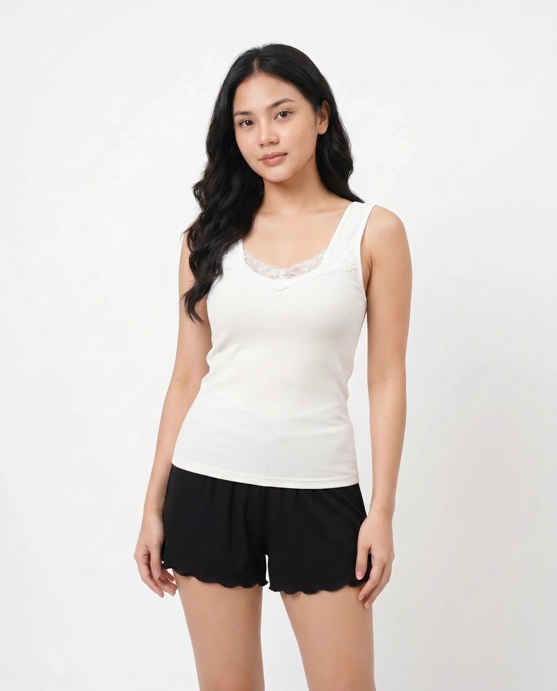 Seriva Ribbed Cotton Camisole with Lace Neckline