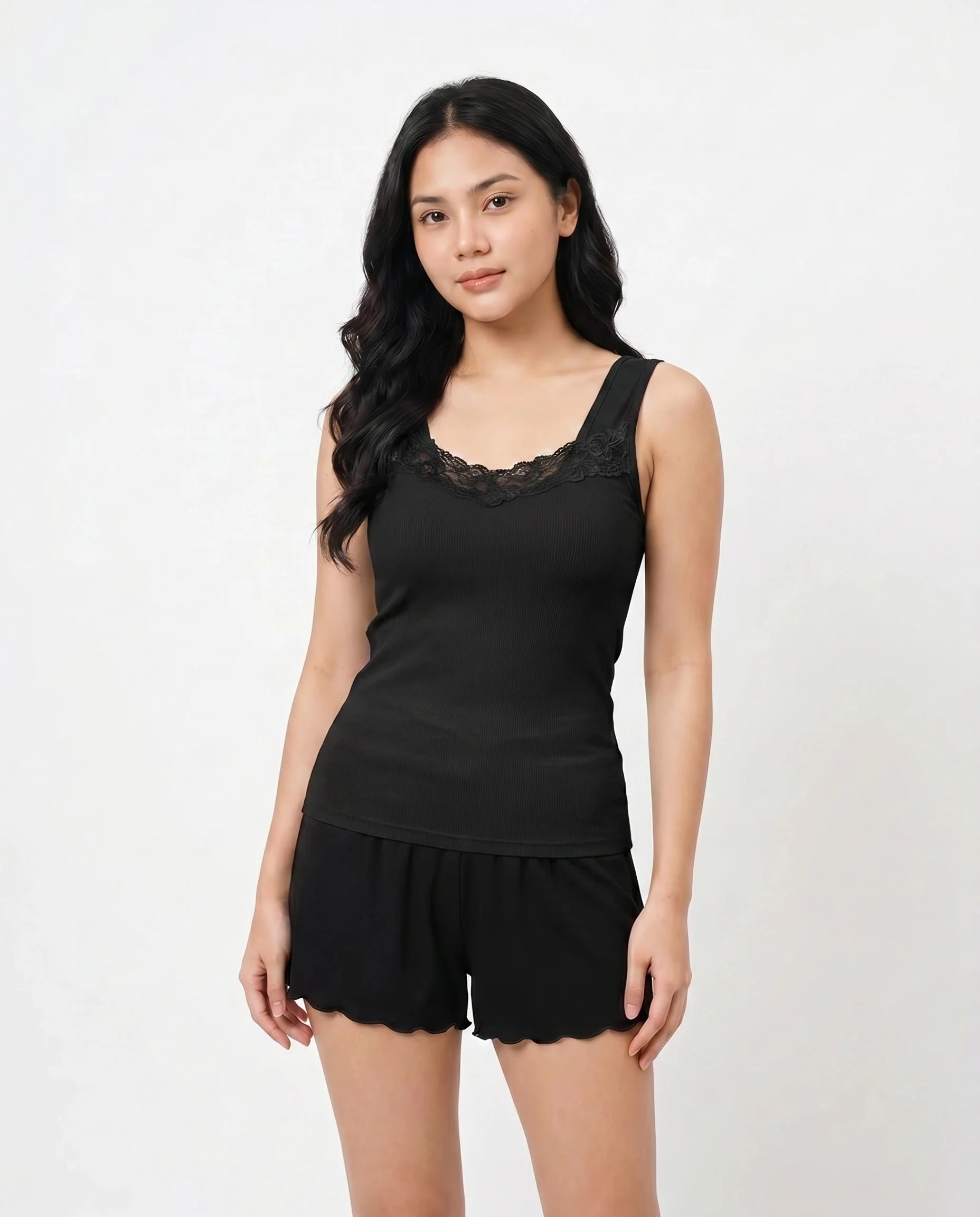 Seriva Ribbed Cotton Camisole with Lace Neckline