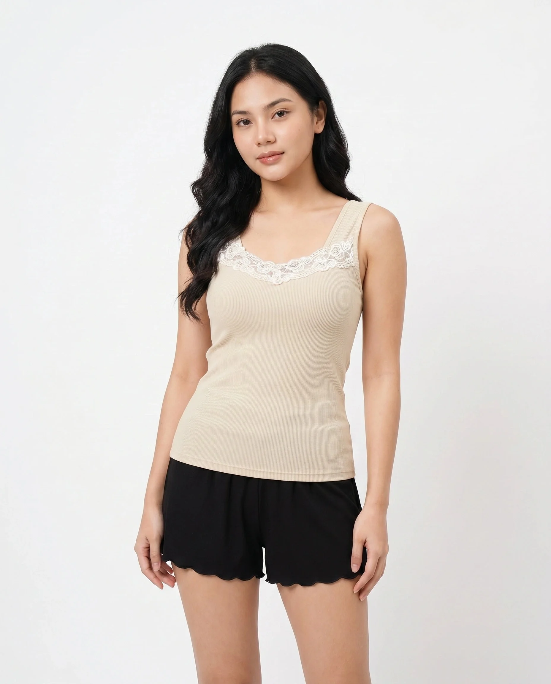 Seriva Ribbed Cotton Camisole with Lace Neckline