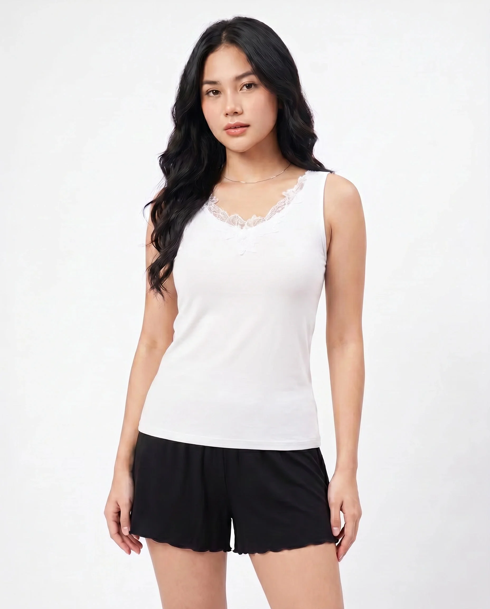 Embella Soft Cotton Camisole with Embroidered Neckline - White