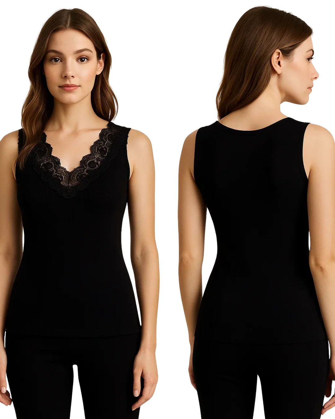 Lace Trim V-Neck Tank Camisole for Women - Black