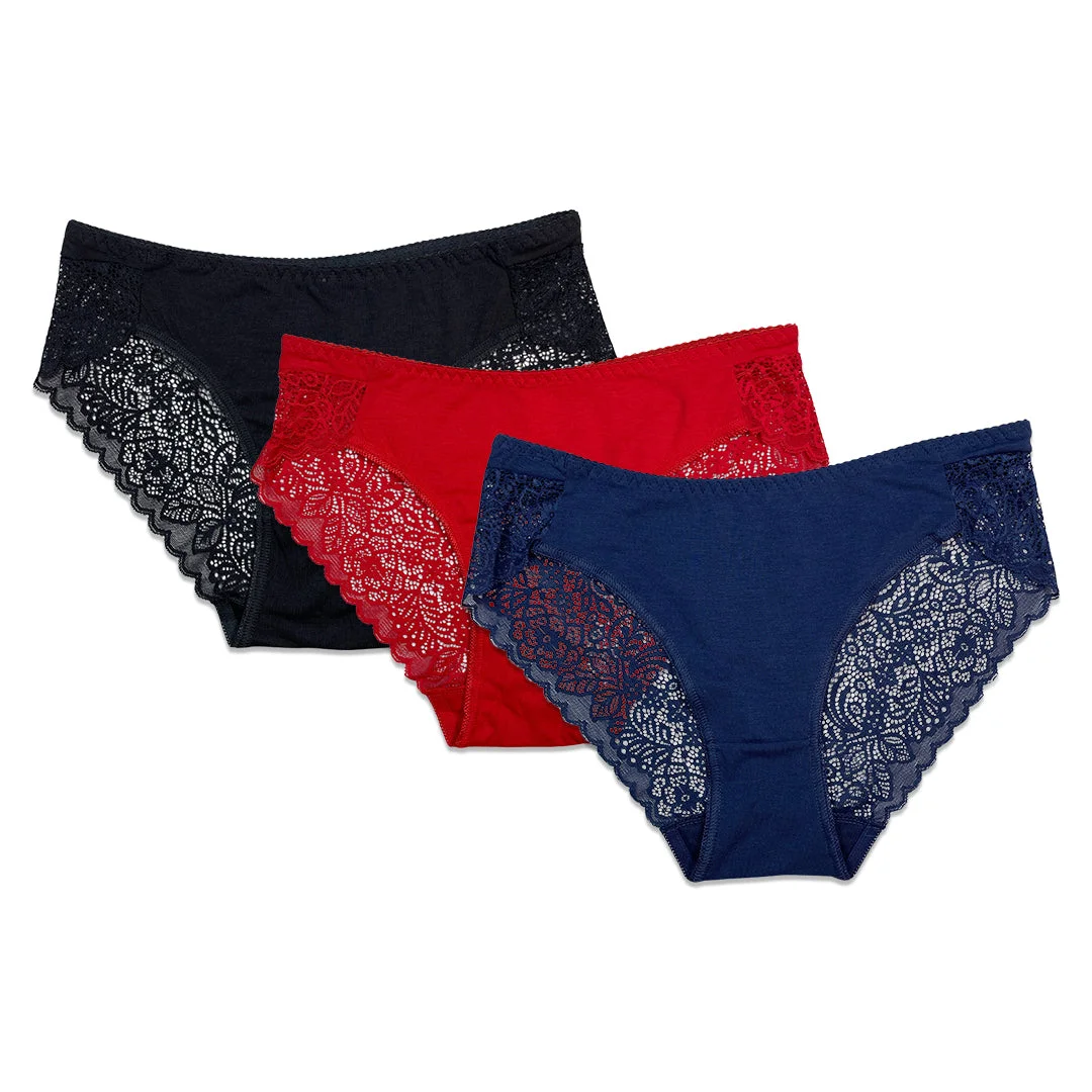 Lace Charm Cotton Brief Panties with Lace Sides - Pack of 3
