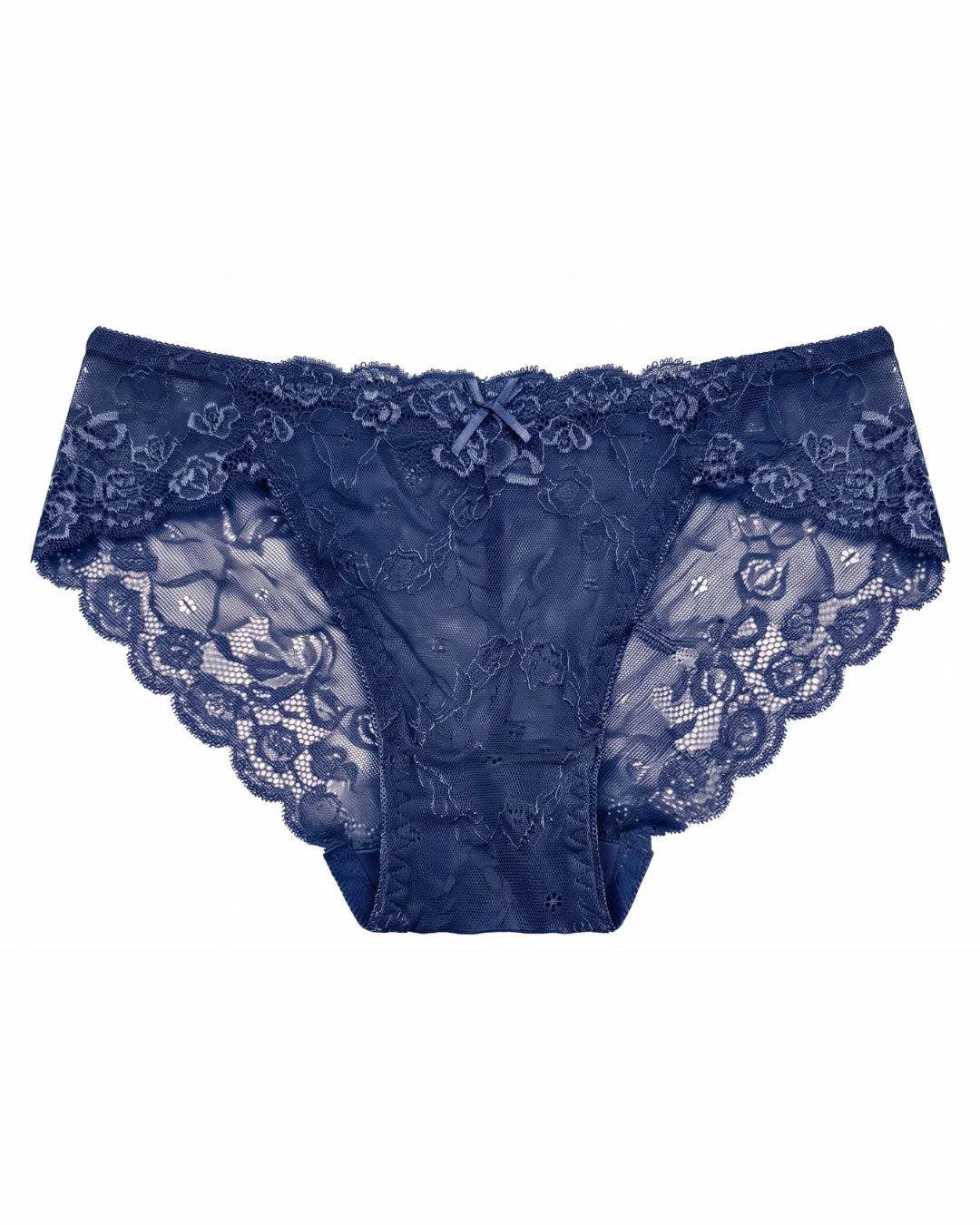 Floral Lace Brief Panty with Mesh Lining - Navy Blue