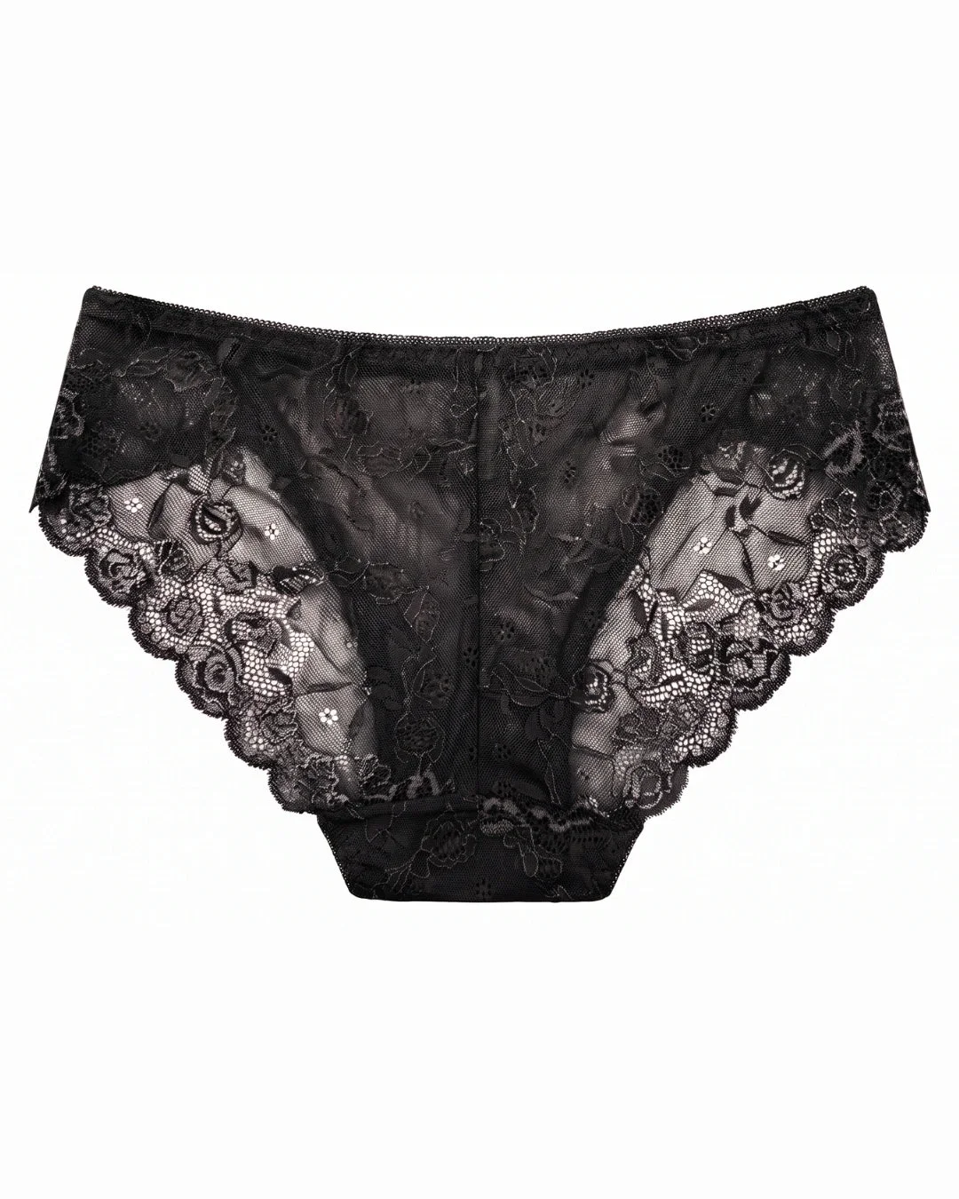 Floral Lace Brief Panty with Mesh Lining - Black