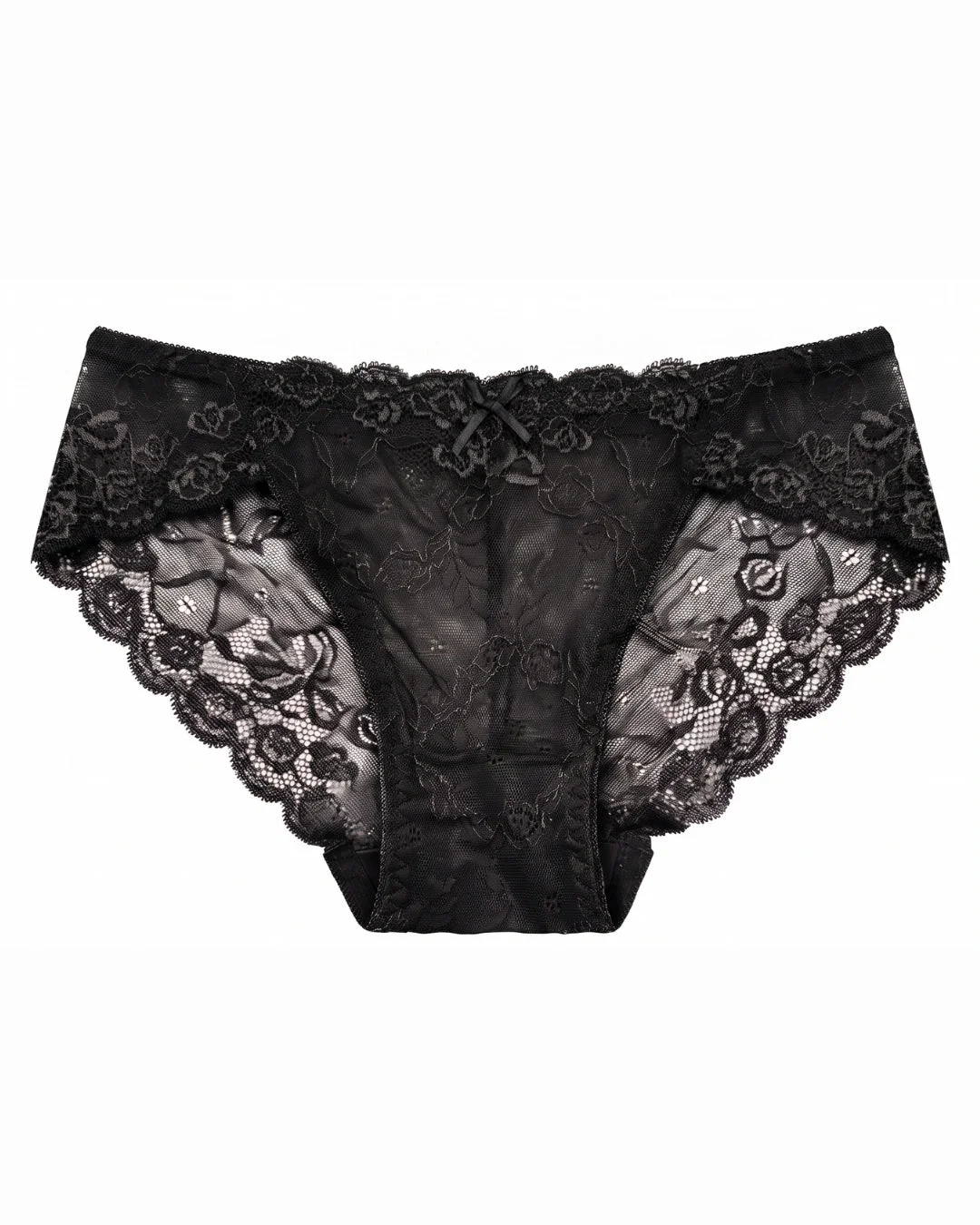 Floral Lace Brief Panty with Mesh Lining - Black