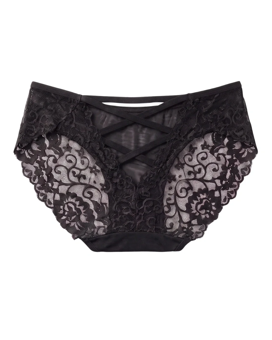 Cross Lace Sheer Mesh Brief Panty - Black